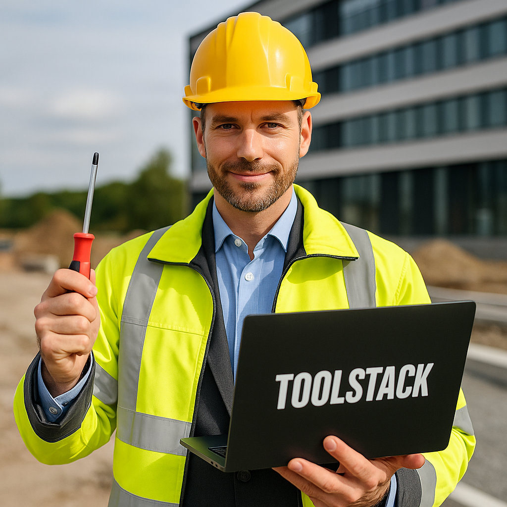 Professional in safety gear with Toolstack laptop